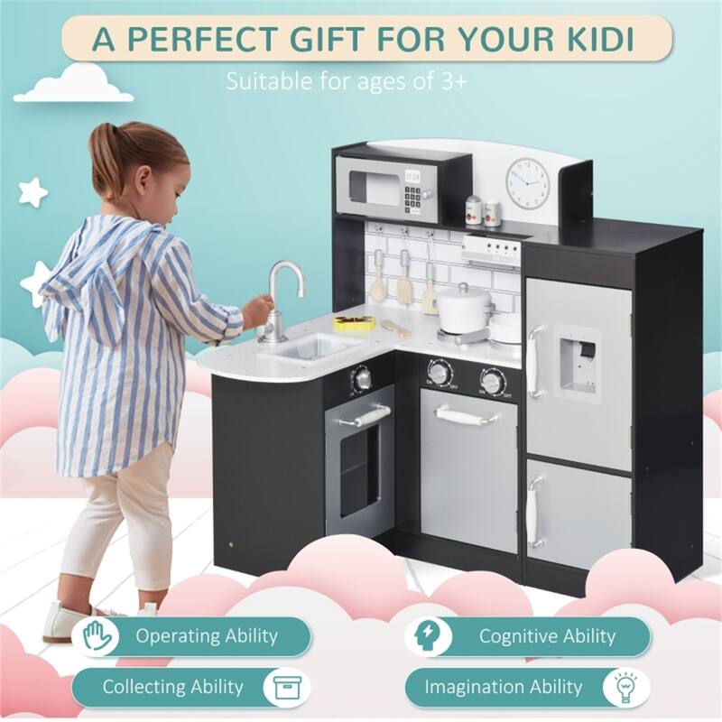 Kids Wooden Corner Kitchen Playset with Sink Stove Refrigerator and Accessories Black Silver - 33.75"L x 25.25"W x 33.25"H