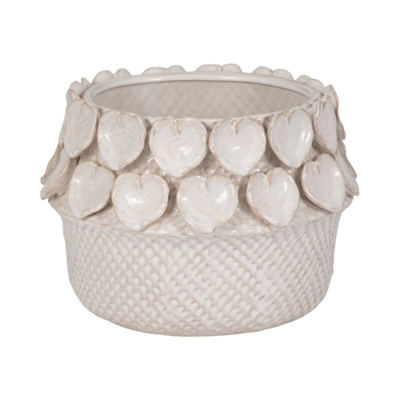 Stoneware Planter with Sculpted Leaf Accents and Textured Detailing