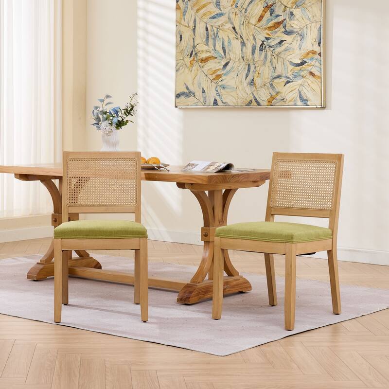 Farmhouse Rattan Dining Chairs Set of 2, Cane Upholstered Kitchen Side Chair with Natural Hardwood Frame