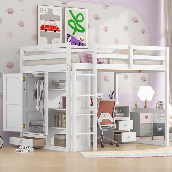 slide 2 of 30, Wooden Full Size Loft Bed with Built-in Wardrobe and Desk,Spacious Cabin Style White
