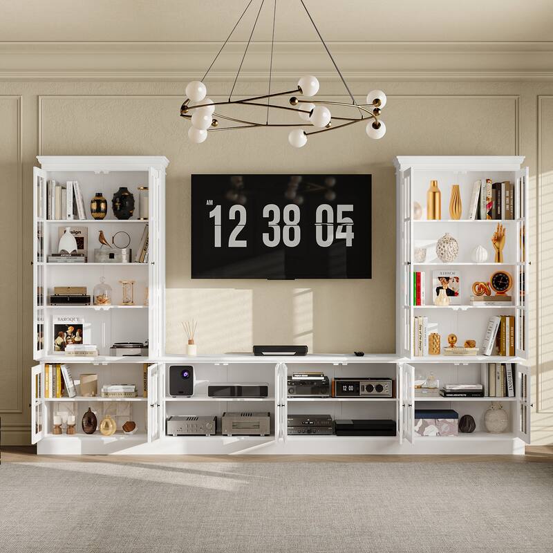 Bookshelves White Storage Unit Glass Display Doors Stylish TV Stand Entertainment Bookcase