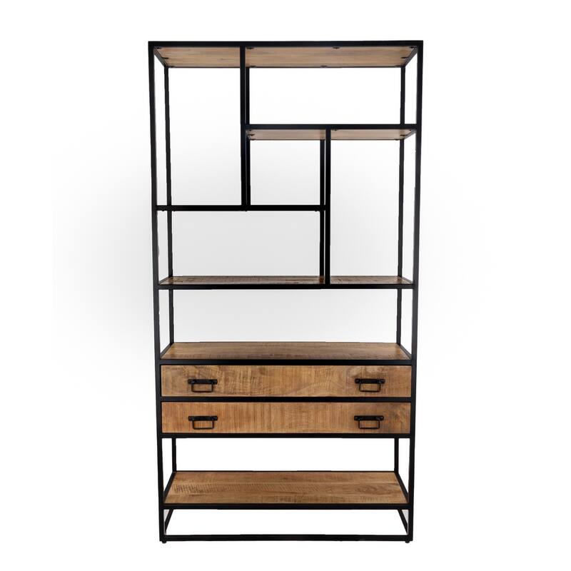 75" Tall Industrial Bookshelf with Drawers Solid Mango Wood