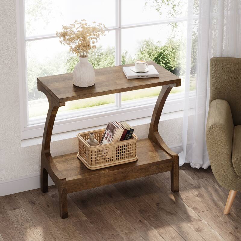 2-Tier Solid Wood End Table with Storage, Farmhouse Narrow Side Table for Living Room