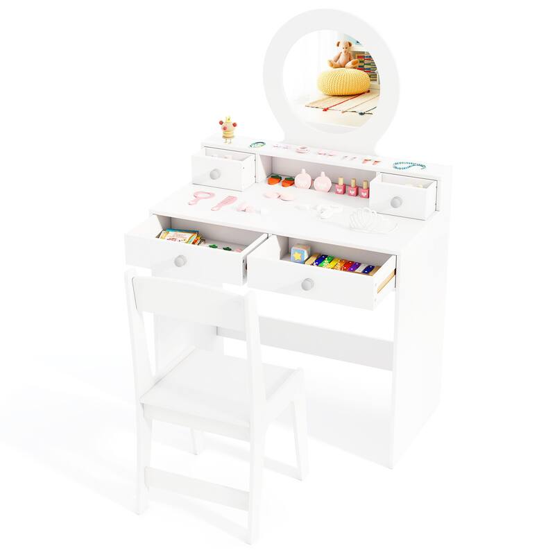 Gymax Kids Vanity Set Desk & Chair Set w/ Mirror Open Shelf & 4 - White