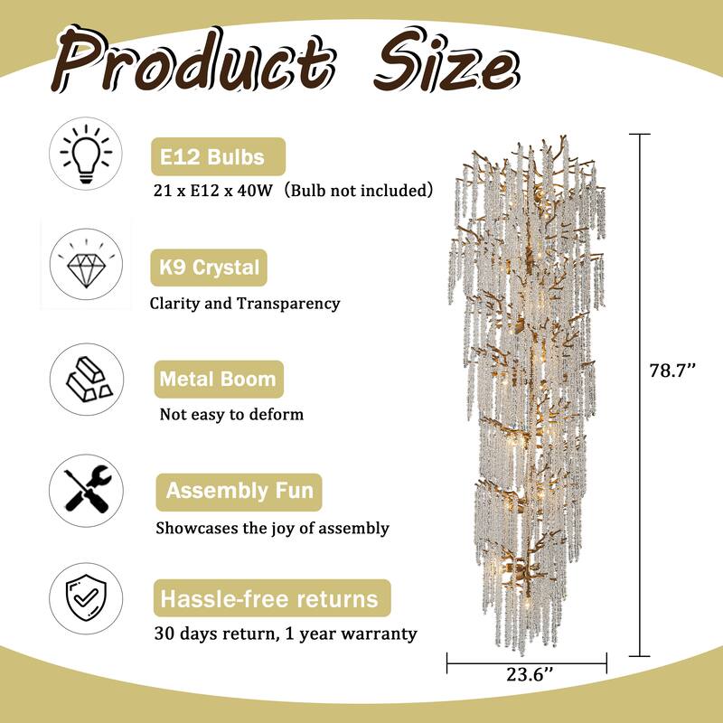 24'' W x 156'' H 21-Light Tree Branch Glass Chandelier in Antique Brass with Clear Glass for Staircases, and Tall Ceilings