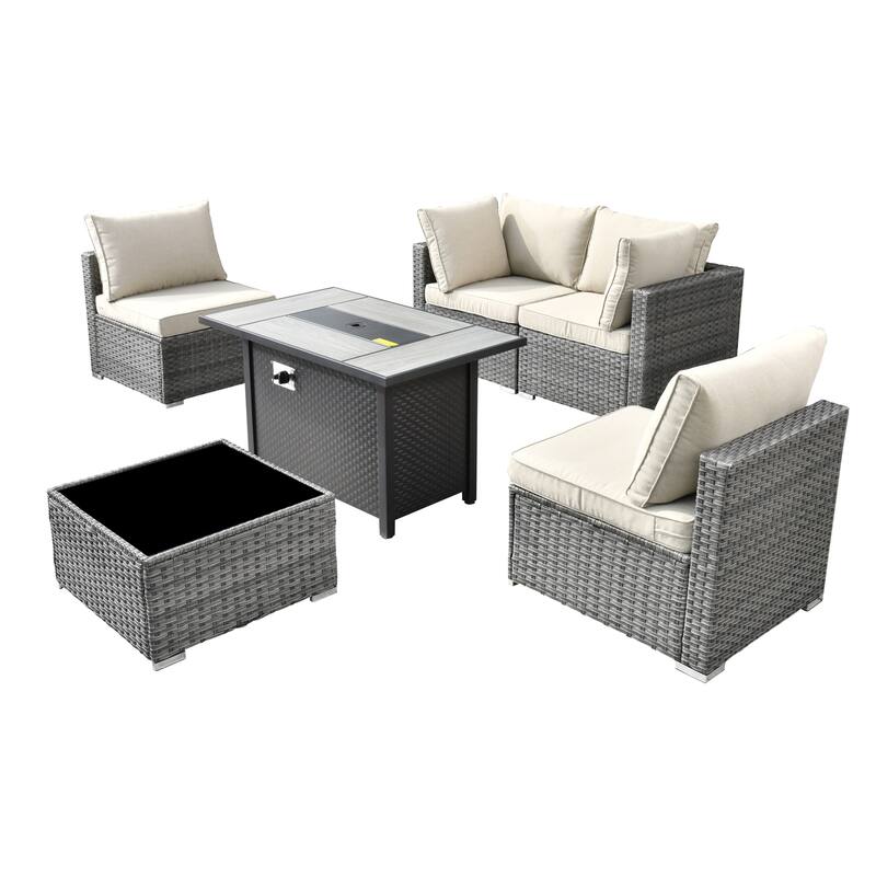 XIZZI 6-piece Patio Furniture Set Outdoor Sectional Rattan Sofa with Firepit