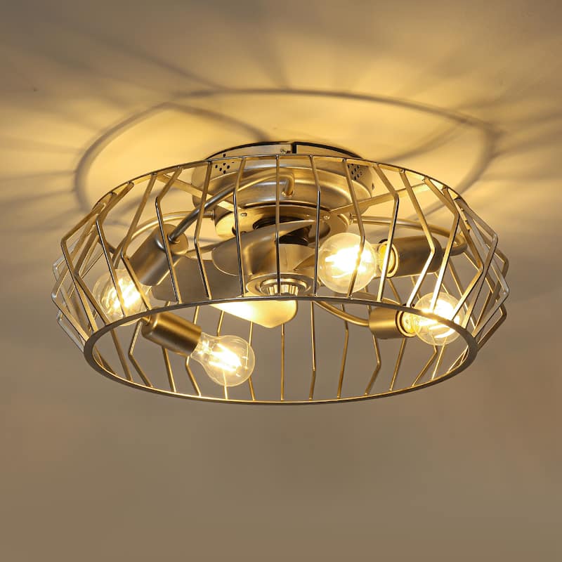 19.7" Vintage Silver Metal 6-Speed Caged Ceiling Fan with Light Kit, Remote and App