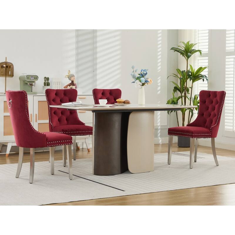 Velvet Dining Chairs Set of 2, Button Tufted Upholstered Dining Chair, Kitchen Chairs with Nailhead Trim & Stainless Steel Legs