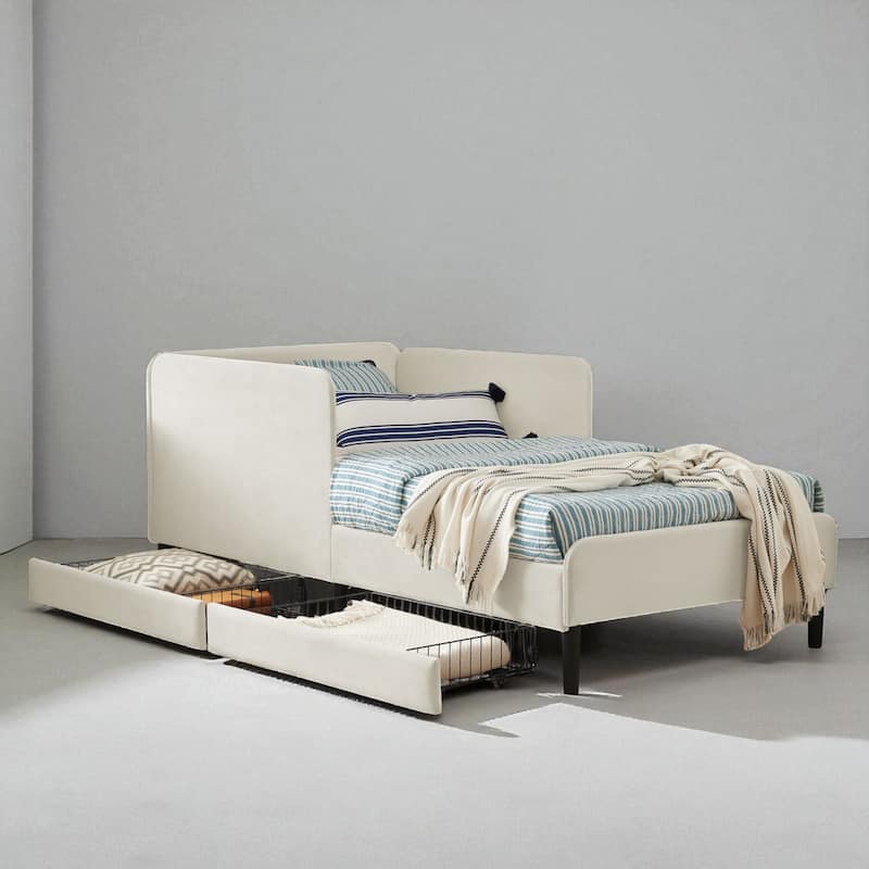 Twin Size Upholstered Platform Sofa Bed with Velvet Cushions and 2 Storage Drawers, Convertible Daybed Frame