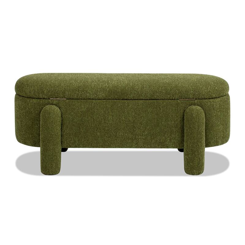 Oval Upholstered Storage Bench, Boucle Fabric Entryway Bench, Shoe Bench with Hidden Storage Space & Round Legs - Green