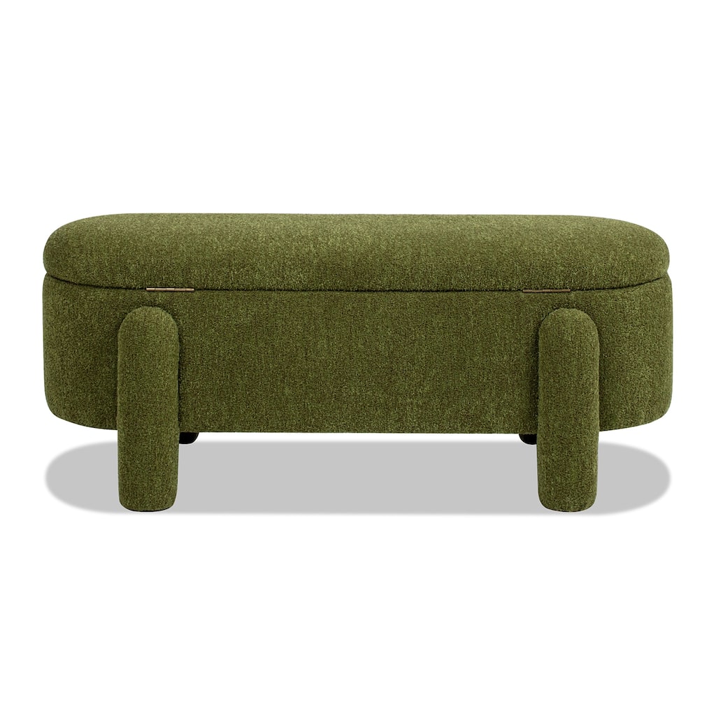 Oval Upholstered Storage Bench, Boucle Fabric Entryway Bench, Shoe Bench with Hidden Storage Space & Round Legs