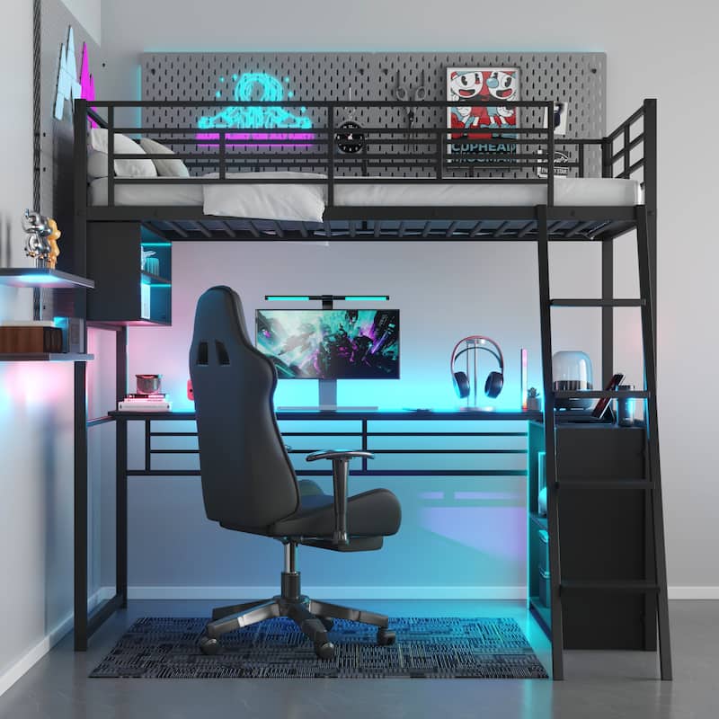 Twin Size Metal Loft Bed with LED, Desk, and Storage Shelves