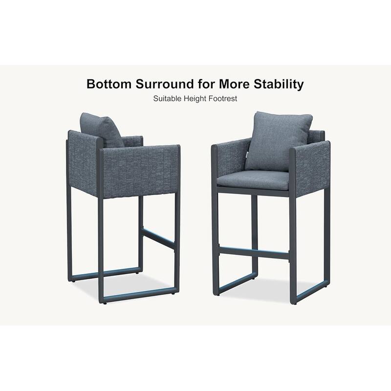 PURPLE LEAF Bar Stool Set of 2 Outdoor Rattan Bar Chair with Back Metal Bar Height Stool Wicker Barstool Dark Grey
