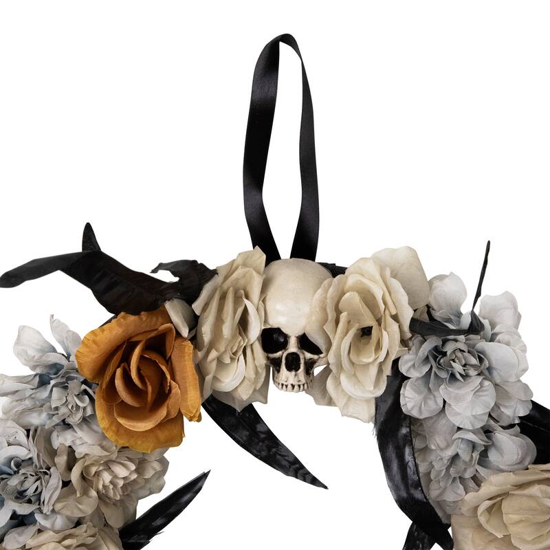 Skulls with Roses Halloween Foliage Wreath - 14" - Unlit