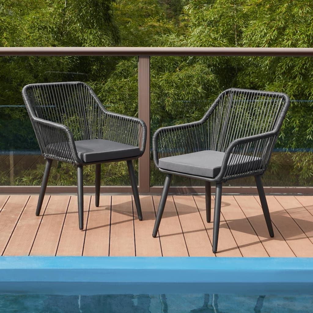 Outdoor Patio Dining Chairs Set of 2, Wicker Rattan Balcony Chairs with Removable Cushions, Ergonomic Armrests and Backrest