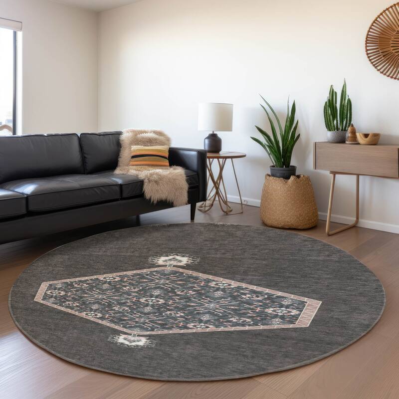 Premium Washable Super Soft Traditional Global Mayfield Rug - Charcoal - 8' x 8'