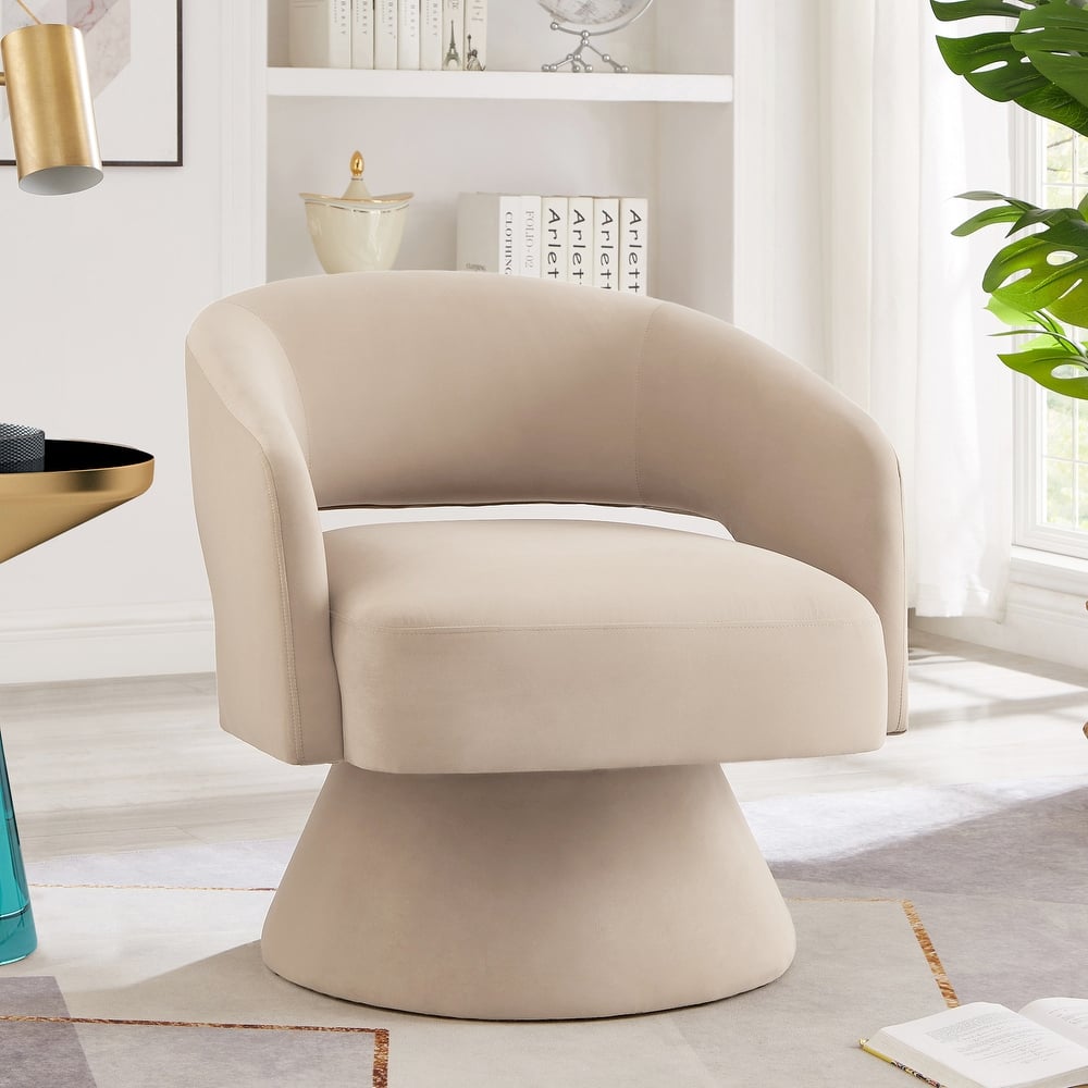 Fluffy Velvet Swivel Barrel Chair, Upholstered Round Accent Chair, Lounge Armchair with Open Back and Wood Base