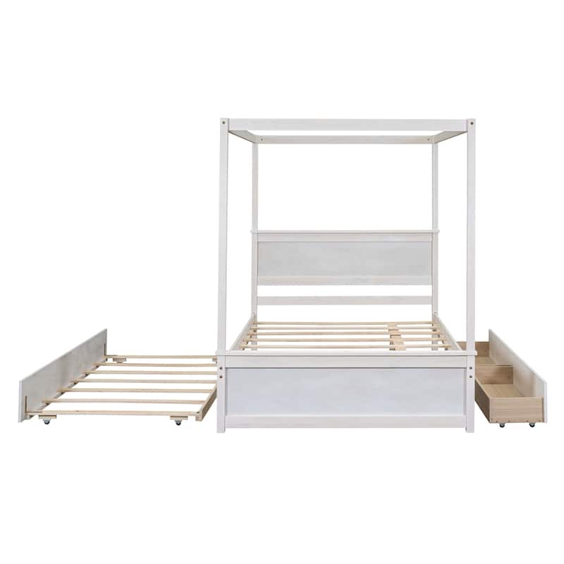 Wood Full Size Canopy Platform Bed with Trundle Bed and Two Drawers