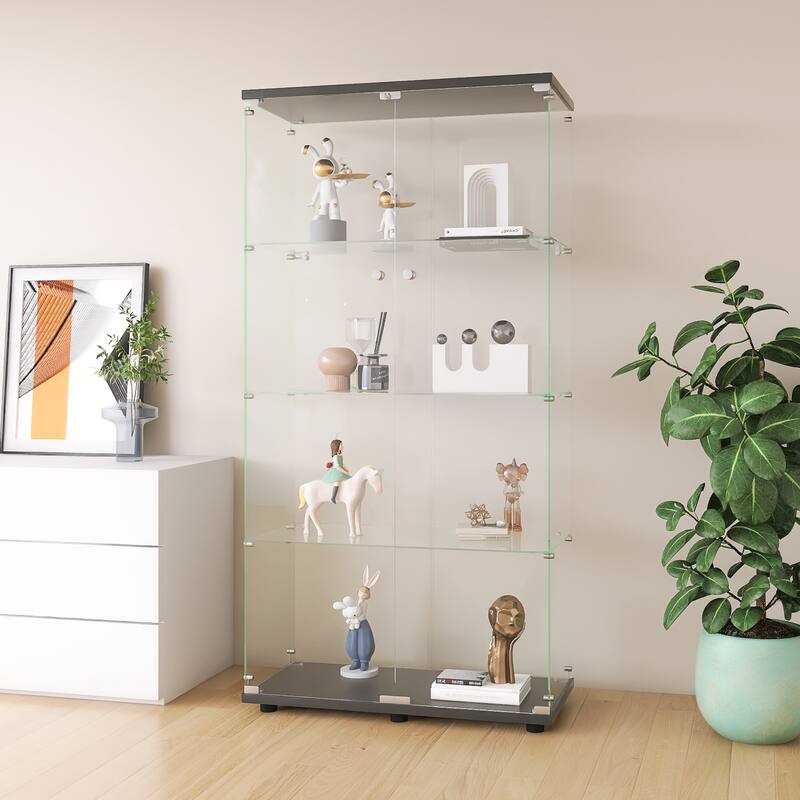 4-Shelves Glass Display Cabinet with 2 Doors, Floor Standing Curio Bookshelf, for Living Room Bedroom Study or Collection Room