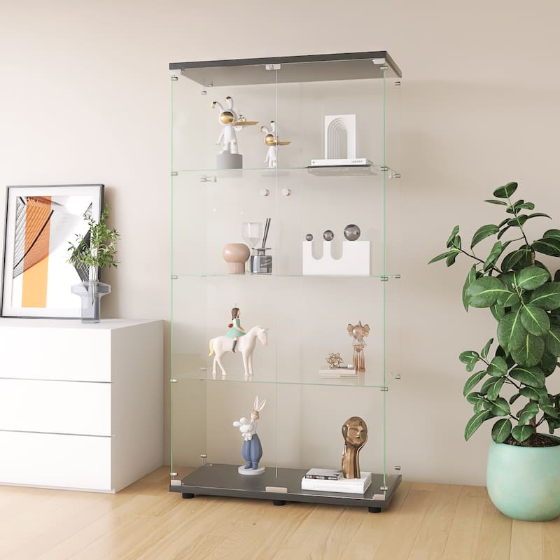 Two-door Glass Display Cabinet 4 Shelves with Door, Floor Standing Curio Bookshelf