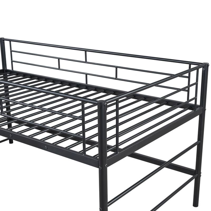 Twin Size Loft Bed with Play and Storage Spaces Underneath, Metal Bed Frame with Storage stairs and Guardrail for Bedroom