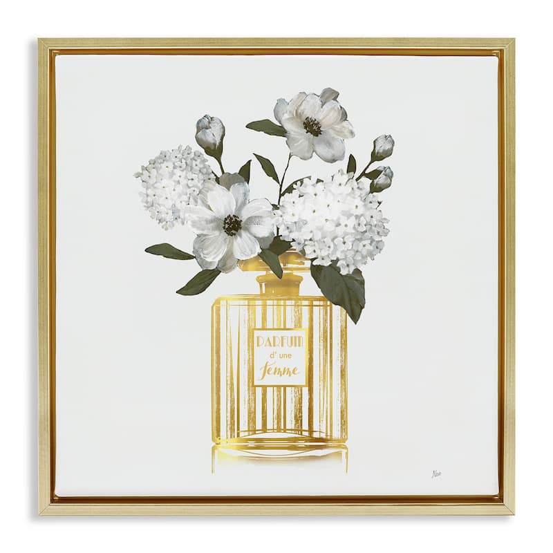 Stupell Gold Bottle with Flowers Framed Floater Canvas Wall Art Design By Nan - 18 x 18 - Gold