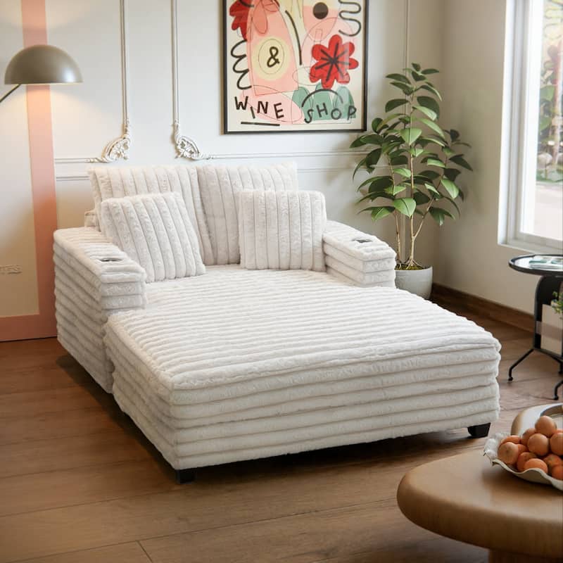 Modern Cream Faux Rabbit Fur Single Chaise Lounge with 2 Cup Holders, 2 Pillows & Solid Wood Frame, Cozy Daybed Sofa Chair