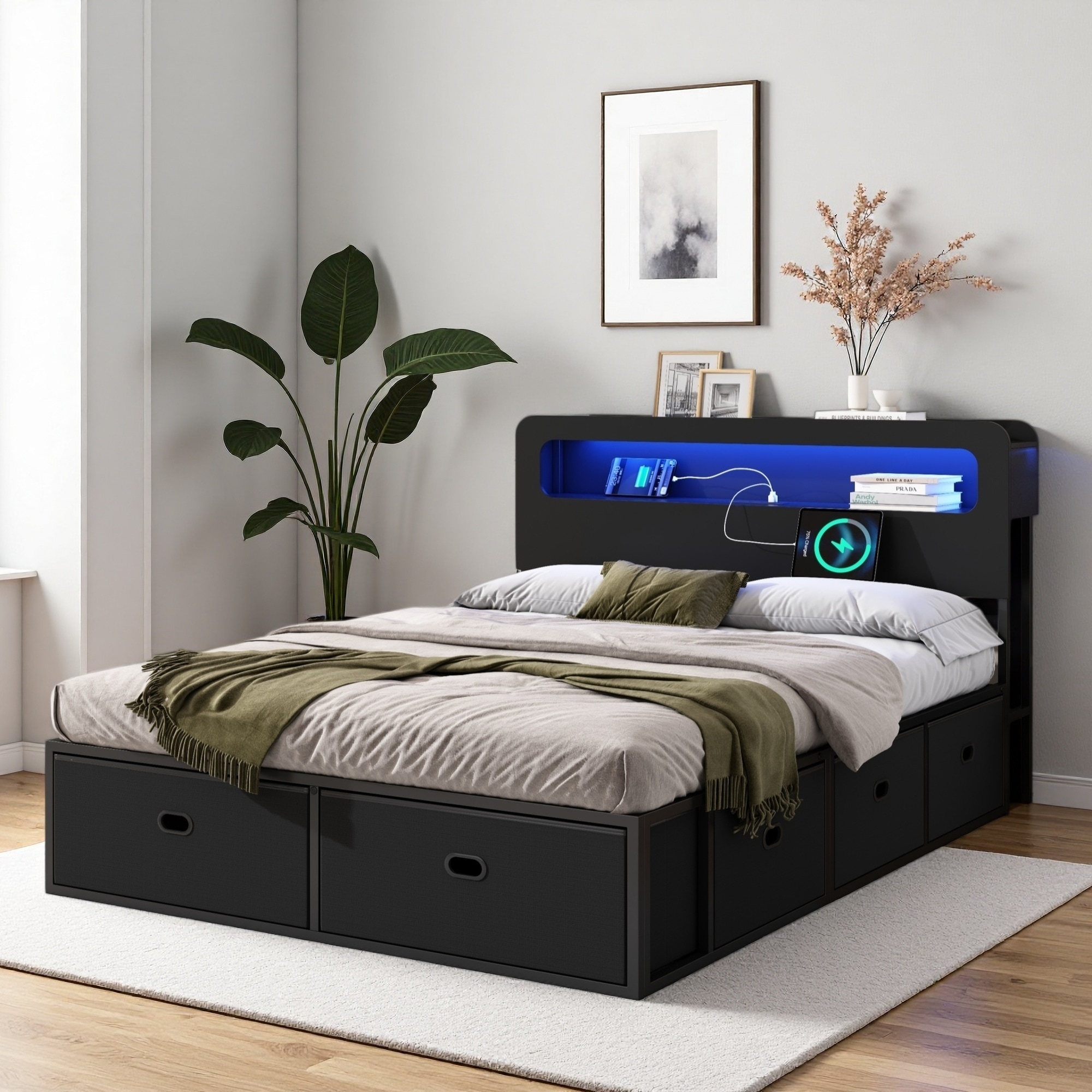 MDF Storage Bed Frame with 2-Tier Storage LED Headboard, Charging Station, and 8 Fabric Drawers