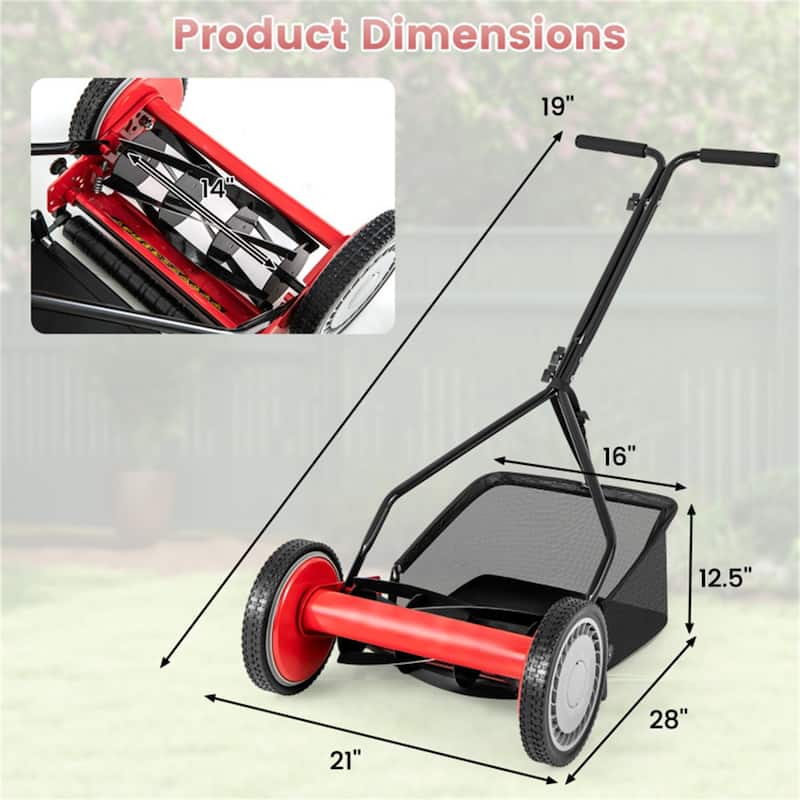 Manual Reel Lawn Mower Red Black 14-Inch Cutting Width 4-Height Adjustable 25L Grass Collector - 21" x 28" x 49"