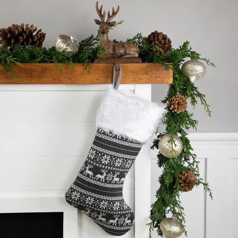 19" Gray White Reindeer Snowflake Christmas Stocking Faux Fur Cuff