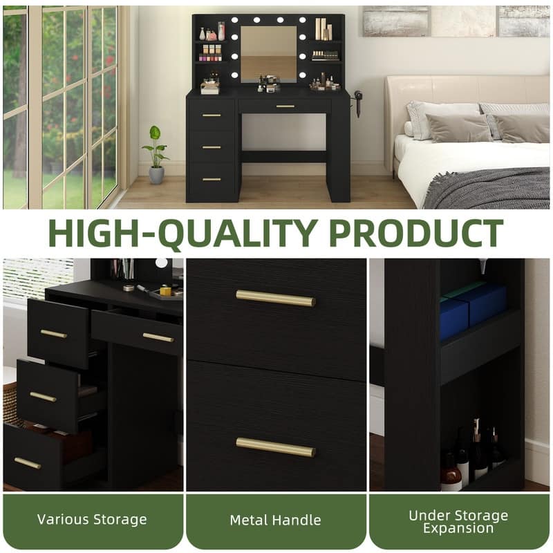 Moasis Makeup Vanity Desk with Mirror & 10 Lights,Makeup Table with 4 Drawers and 8 Open Storage Shelves
