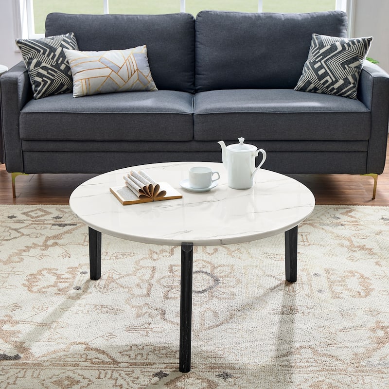 36" Modern Style Faux Marble Round Coffee Table - Black/White