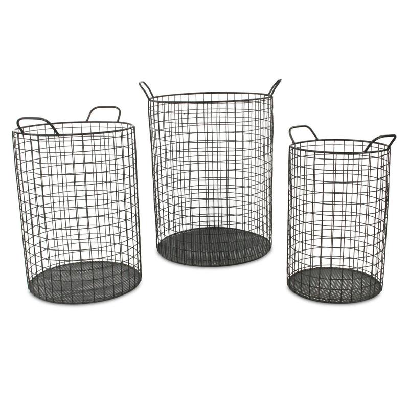 3 Black Cylinder Wire Storage Container Baskets with Handles 20"