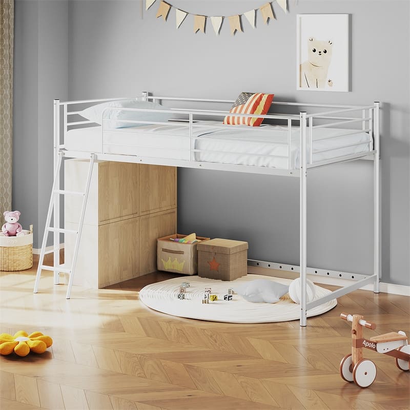 Junior Metal Twin Loft Bed With Guard Rails And Stairs