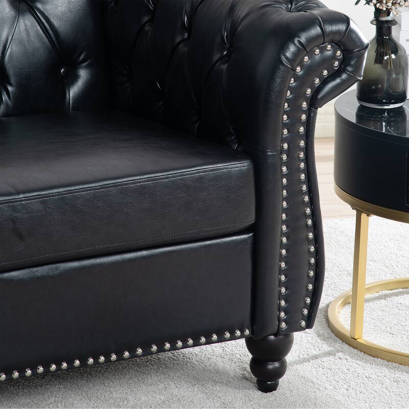 Black PU 38.98" Buttons Tufted Accent Chair with Birch Legs