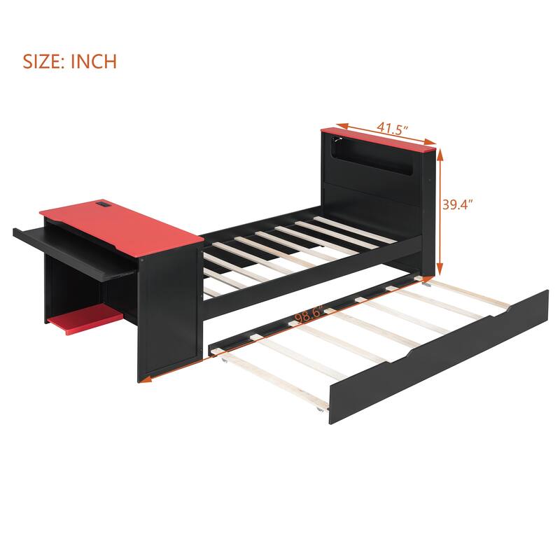 Wood Daybed with Trundle & Built-in Desk, LED Lights & USB Charging Port, Available in Full or Twin