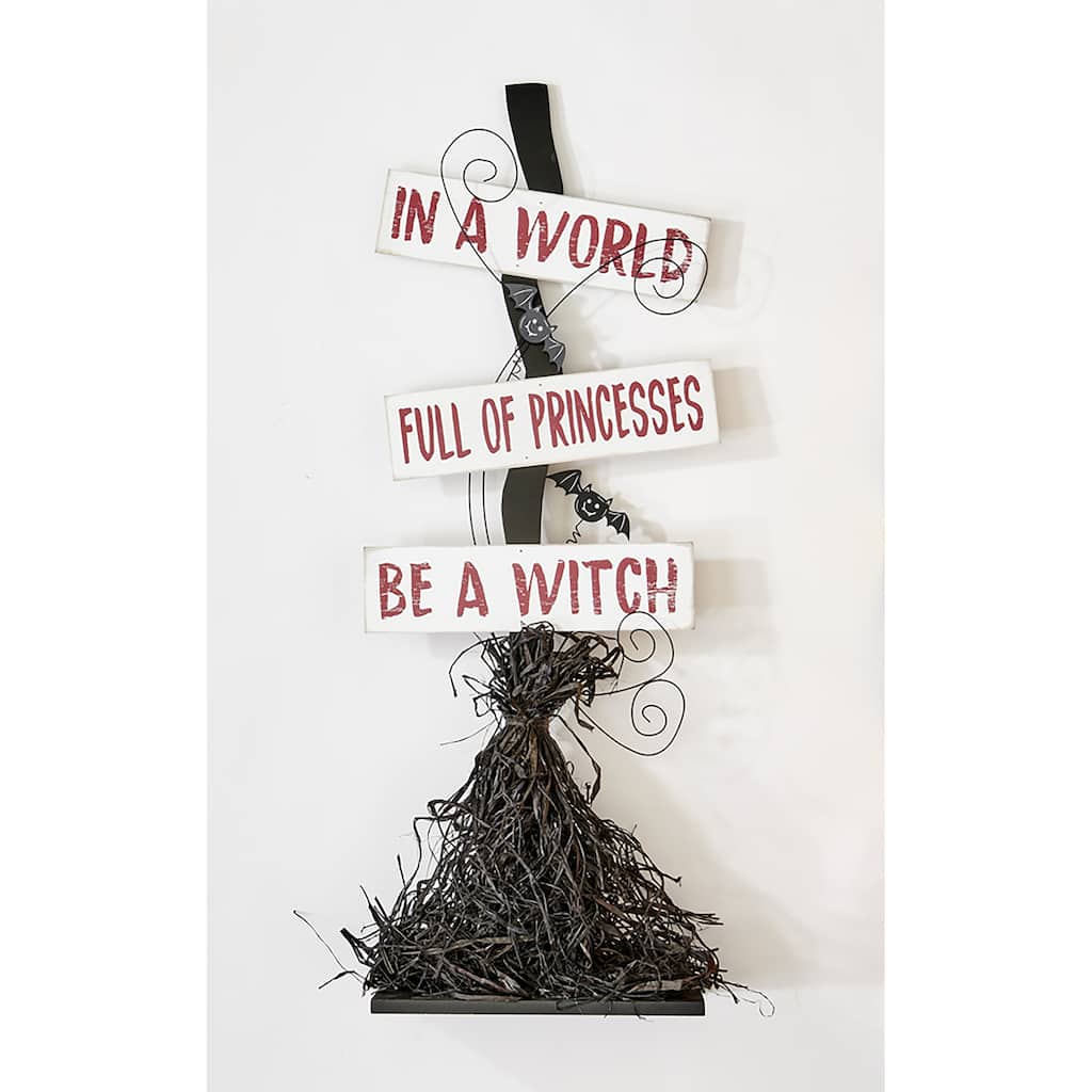 32" Floor Standing Halloween Witch Broom Humorous Wood Entry Sign