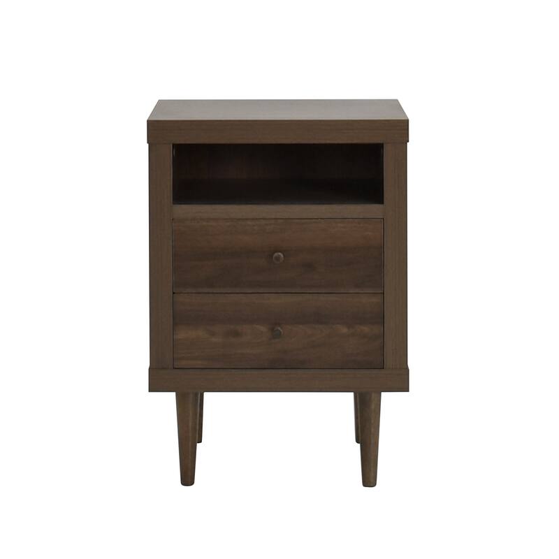 2-Drawer Nightstand with Mid-Century Design, Faux Wood Frame, and Rubberwood Legs, Storage Shelf