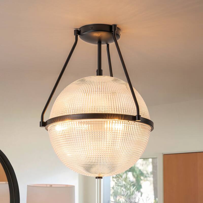 3-Light Mid-Century Modern Grid Textured Glass Globe Bubble Semi-Flush Mount Light for Dining Room - 13.7 in. W x 17.1 in. H - Black
