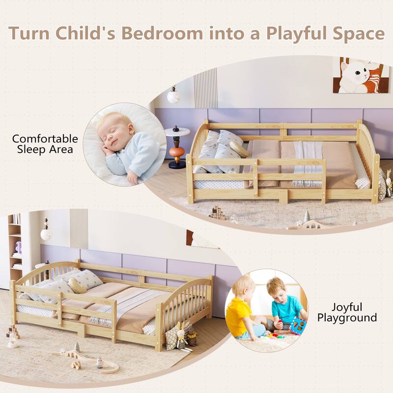 Roomfitters Montessori Floor Bed with Guardrails, Solid Wood Low Platform Bed with Slats, Easy Assembly