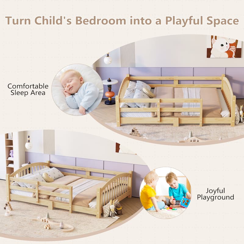 Solid Wood Floor Bed Montessori Bed with Safety Guardrails Without Door