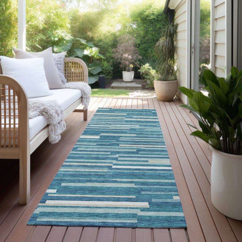Machine Washable Indoor/ Outdoor Chantille Stripes Modern Rug - Teal - 2'3" x 7'6"