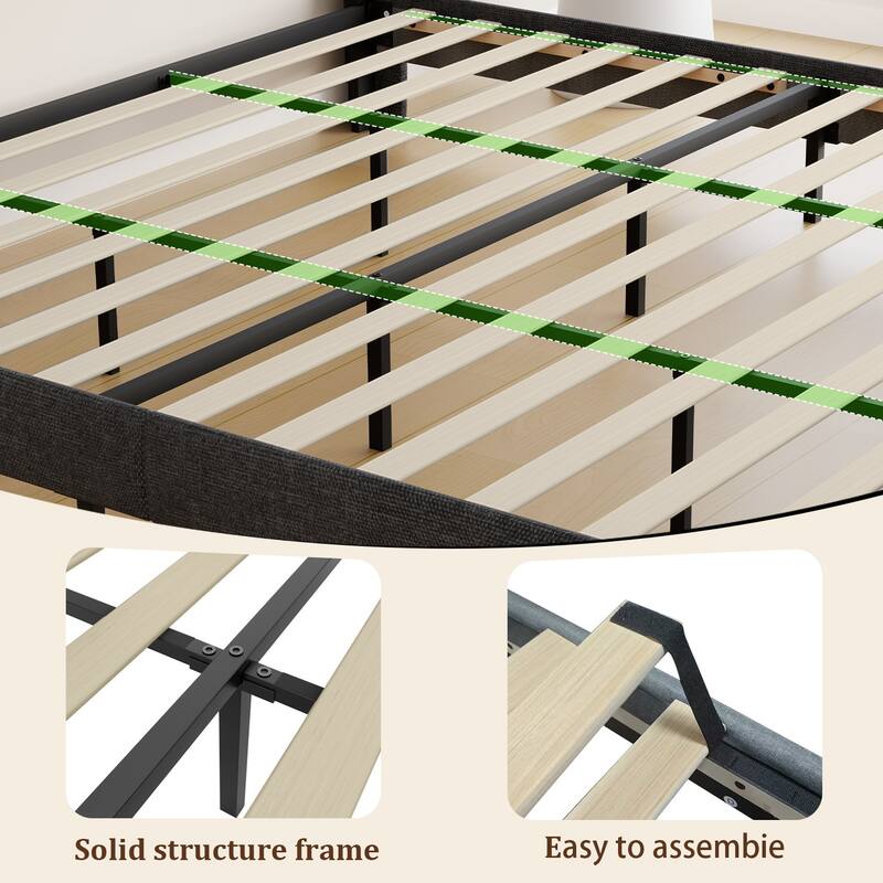 King Size Upholstered Platform Bed with LED Lights, Charging Station & Storage Headboard, No Box Spring Needed