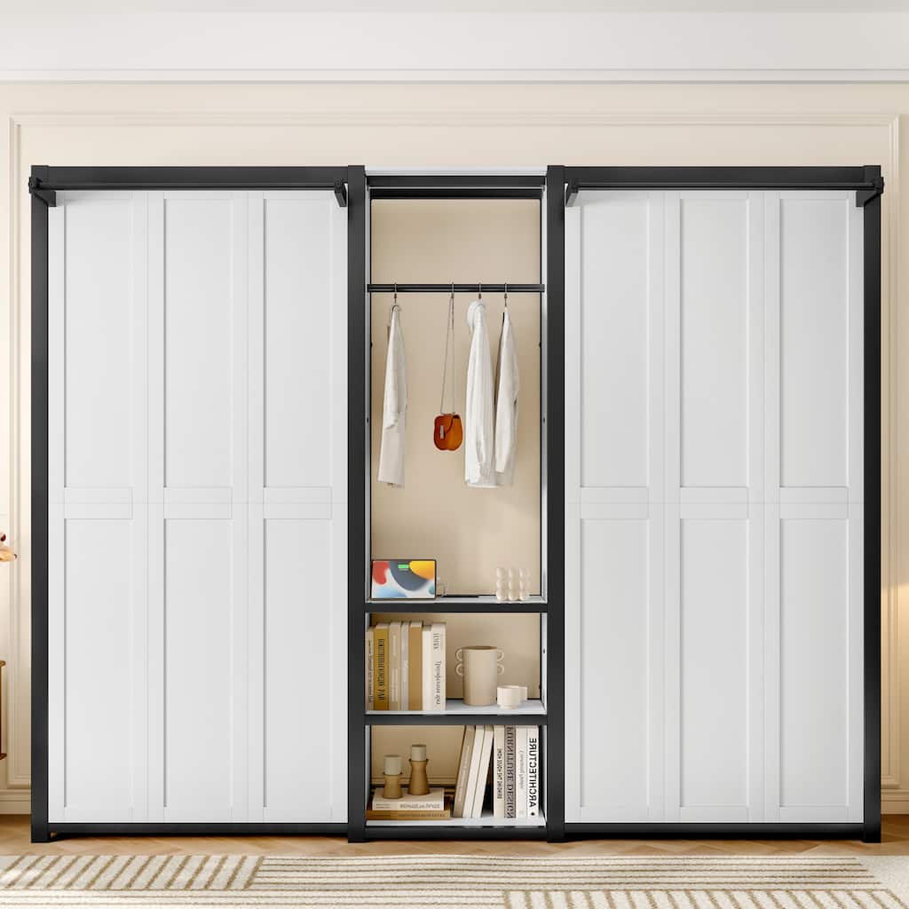 Modern Foldable Twin Size Murphy Bed Storage Wall Bed with Built-in Power Outlet, Shelves, Hanging Rod and Open Wardrobe