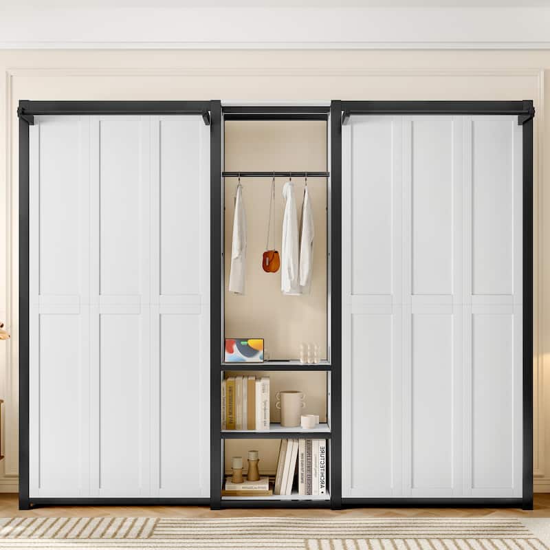 Twin Size Double Murphy Bed Wall Bed, Wooden Foldable Murphy Bed Frame with Wardrobe, Shelves and Charging Station