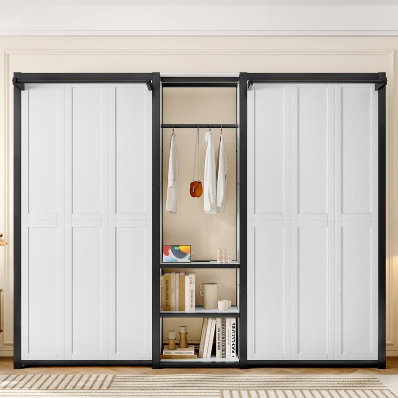 Twin/Twin Size MDF Murphy Bed with Wardrobe and Shelves,Power Outlets - Off White
