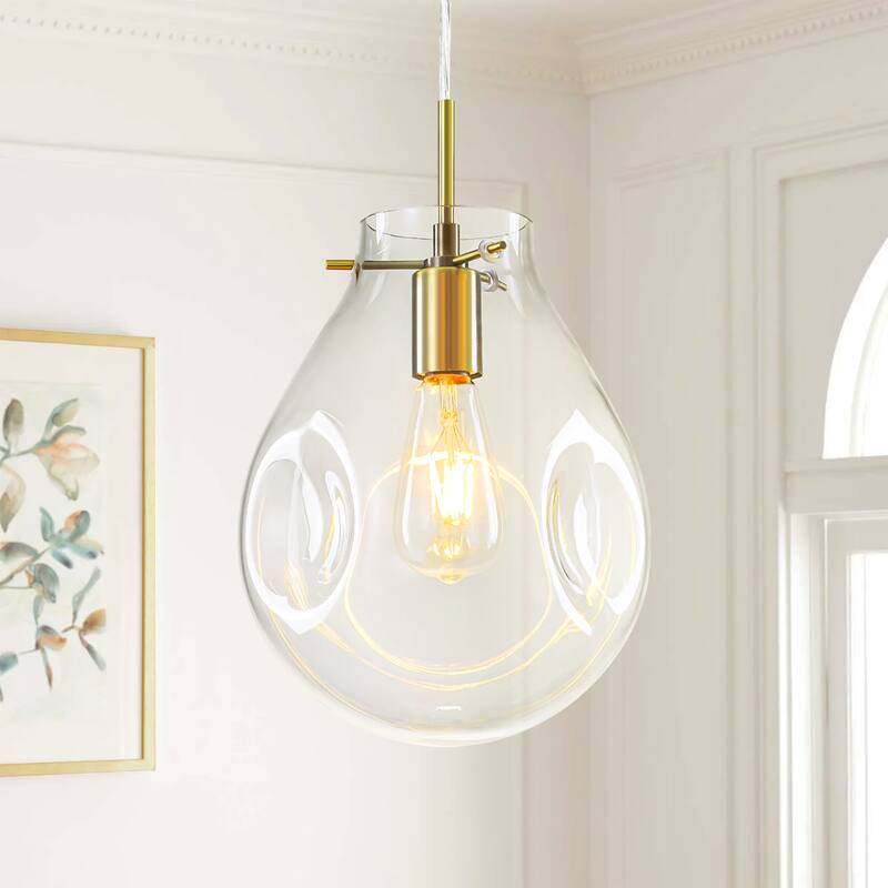 1-Light Unique Antique Bronze Teardrop Design Adjustable Pendant Light with Hand-Blown Blue Glass for Kitchen Island - Blue/Gold - 8.7 in. W x 14.6 in. H x 8.7 in. D