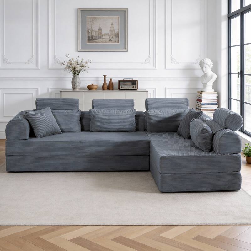 Oversized Convertible Sleeper Sofa Bed, L Shape Modular Sectional Cloud Sofa with Fixed-Shape Frame, Boneless Couch with Pillow
