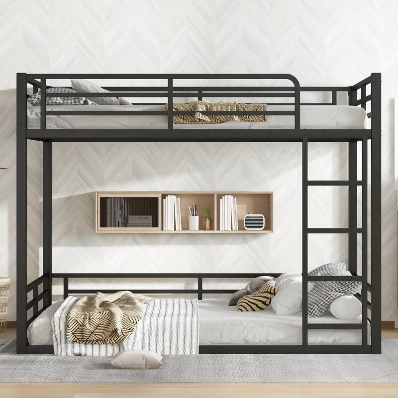 Heavy Duty Metal Bunk Bed, Low Floor Bunk Bed Frame with Full Length Guardrail, Noise Free Design - Black+Full over Full - Full