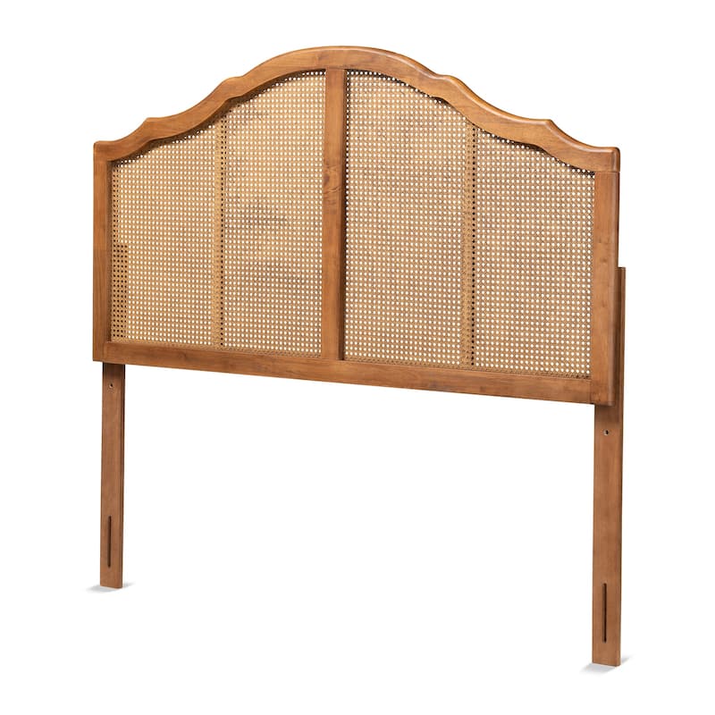 Traditional Ash Walnut Wood and Synthetic Rattan King Size Arched Headboard with Textured Boho Accent